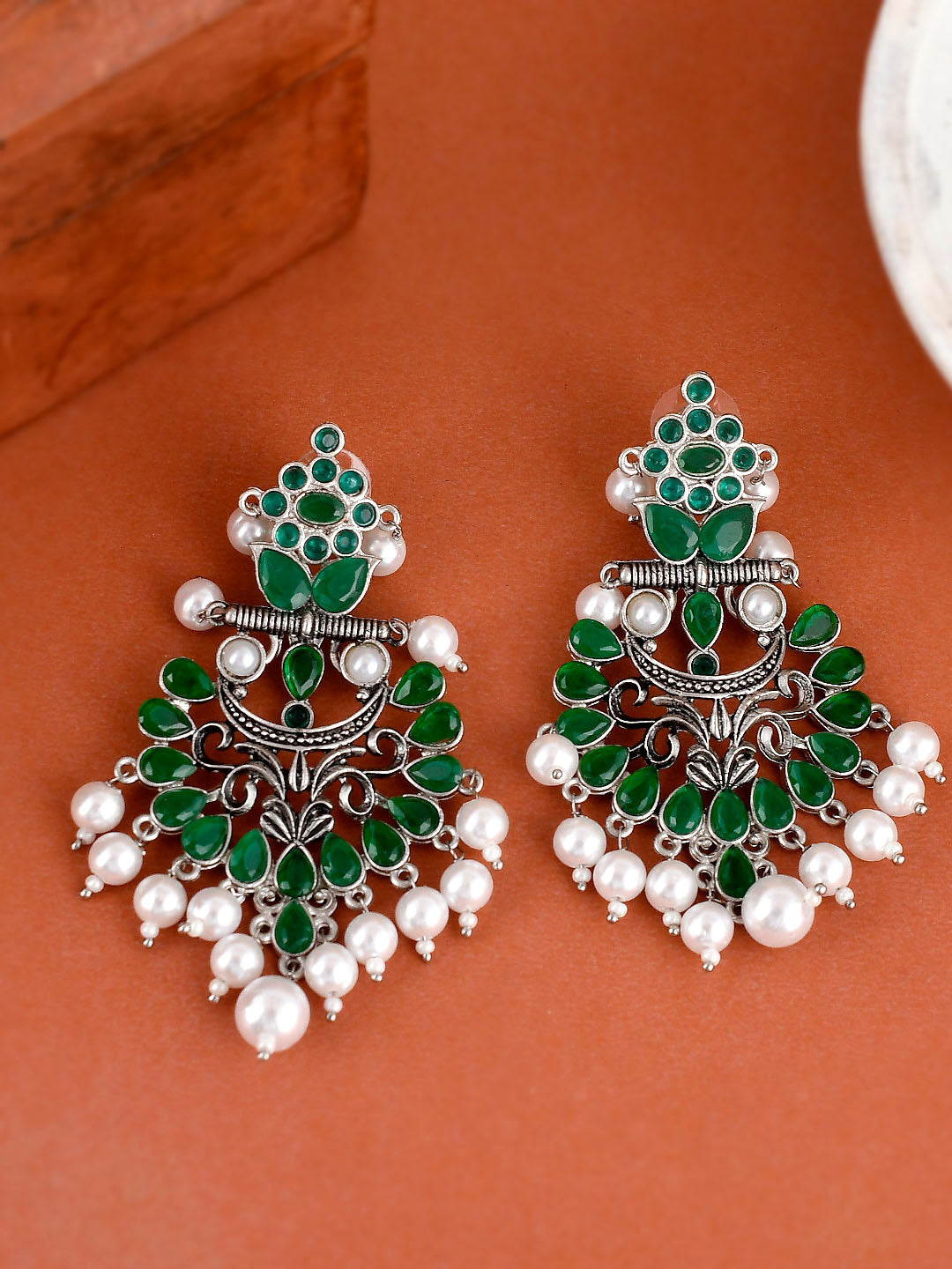 Shoshaa Silver-Plated Green Handcrafted Drop Earrings With Pearl | Grocsy