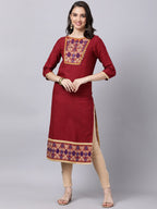 Souchii Maroon & Yellow Thread Work Grandeur & Majestic Artwork Cotton Kurta | Grocsy