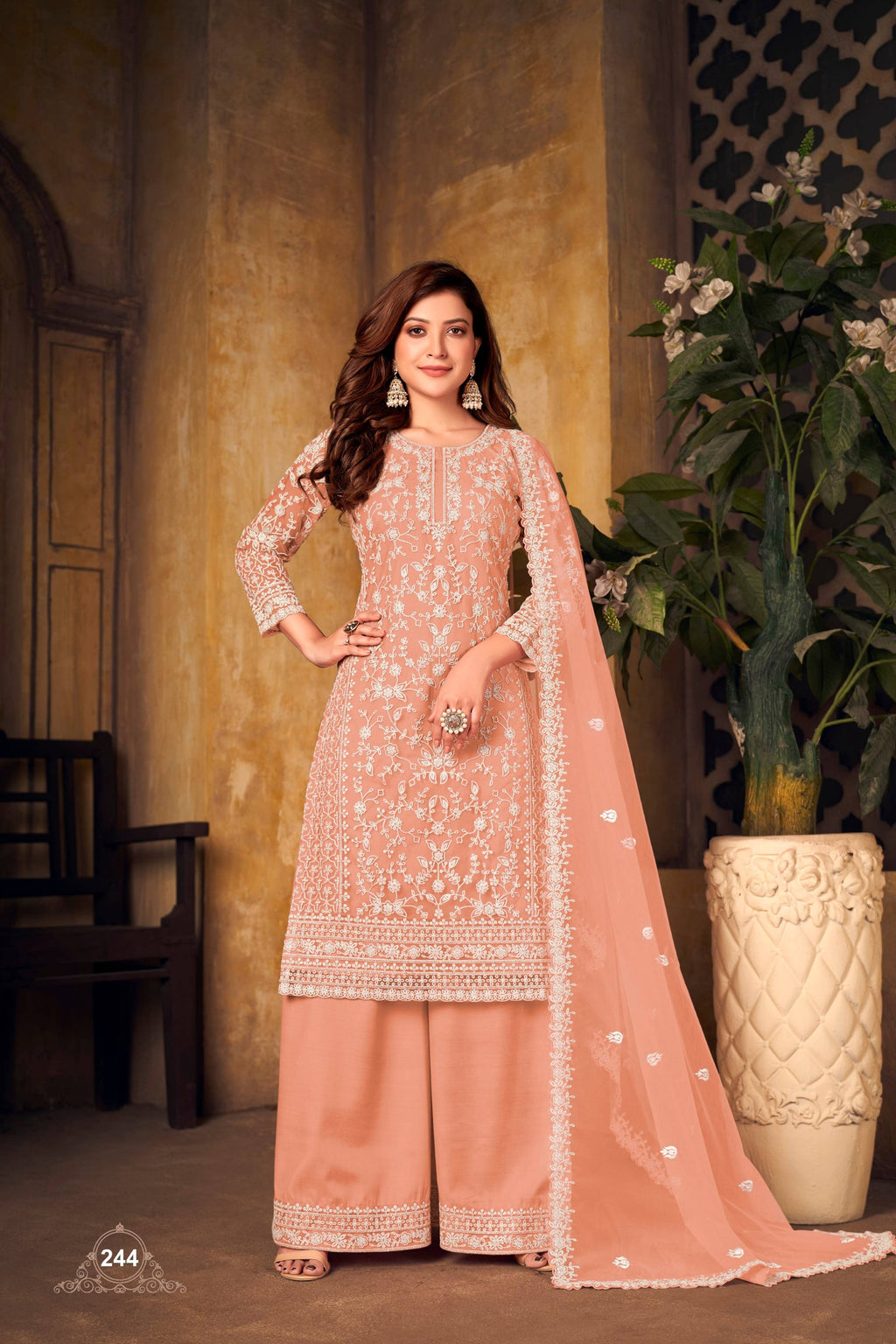 Anaita Orange Embroidered Net Plazzo Suit | Grocsy