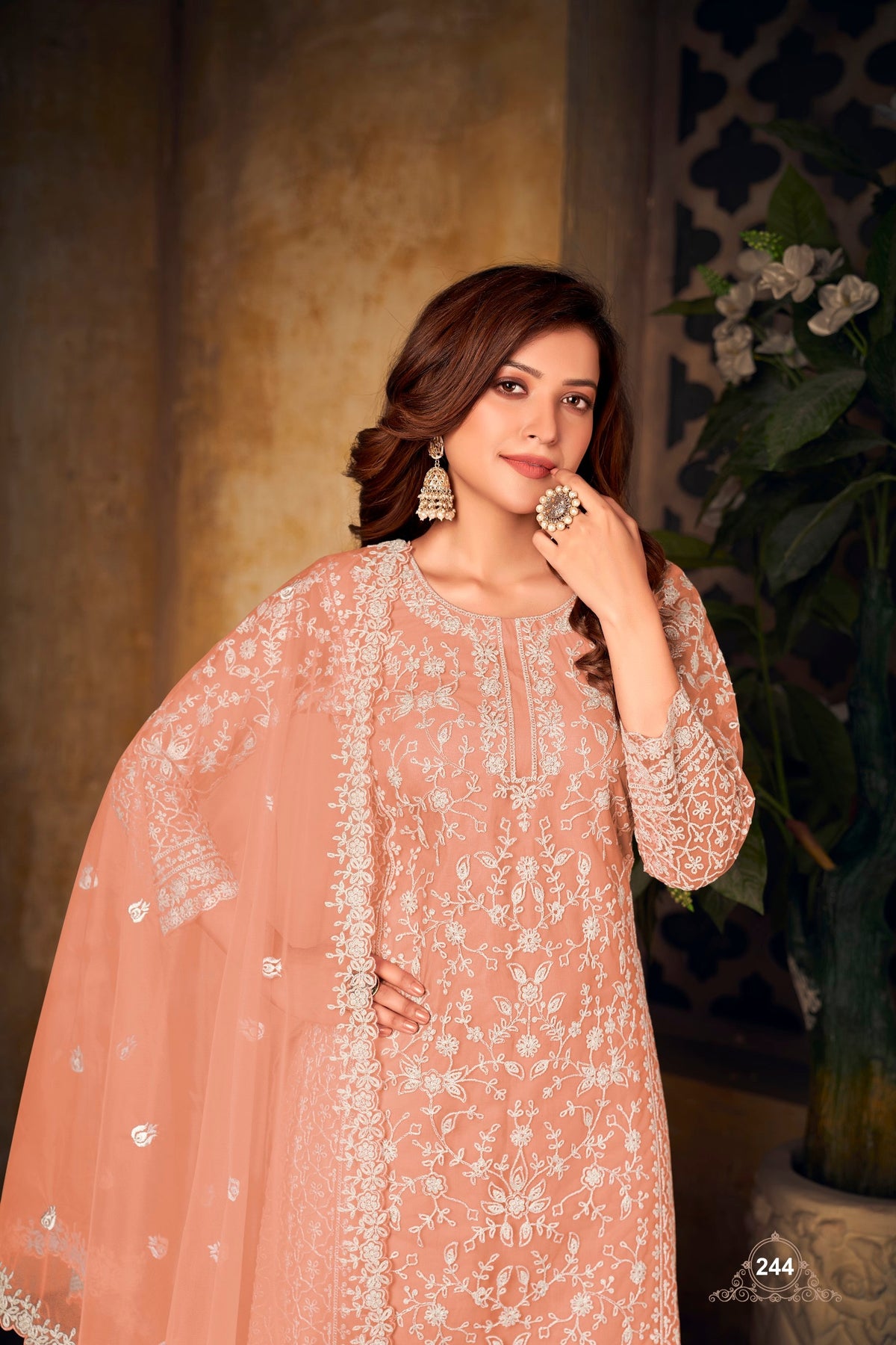 Anaita Orange Embroidered Net Plazzo Suit | Grocsy