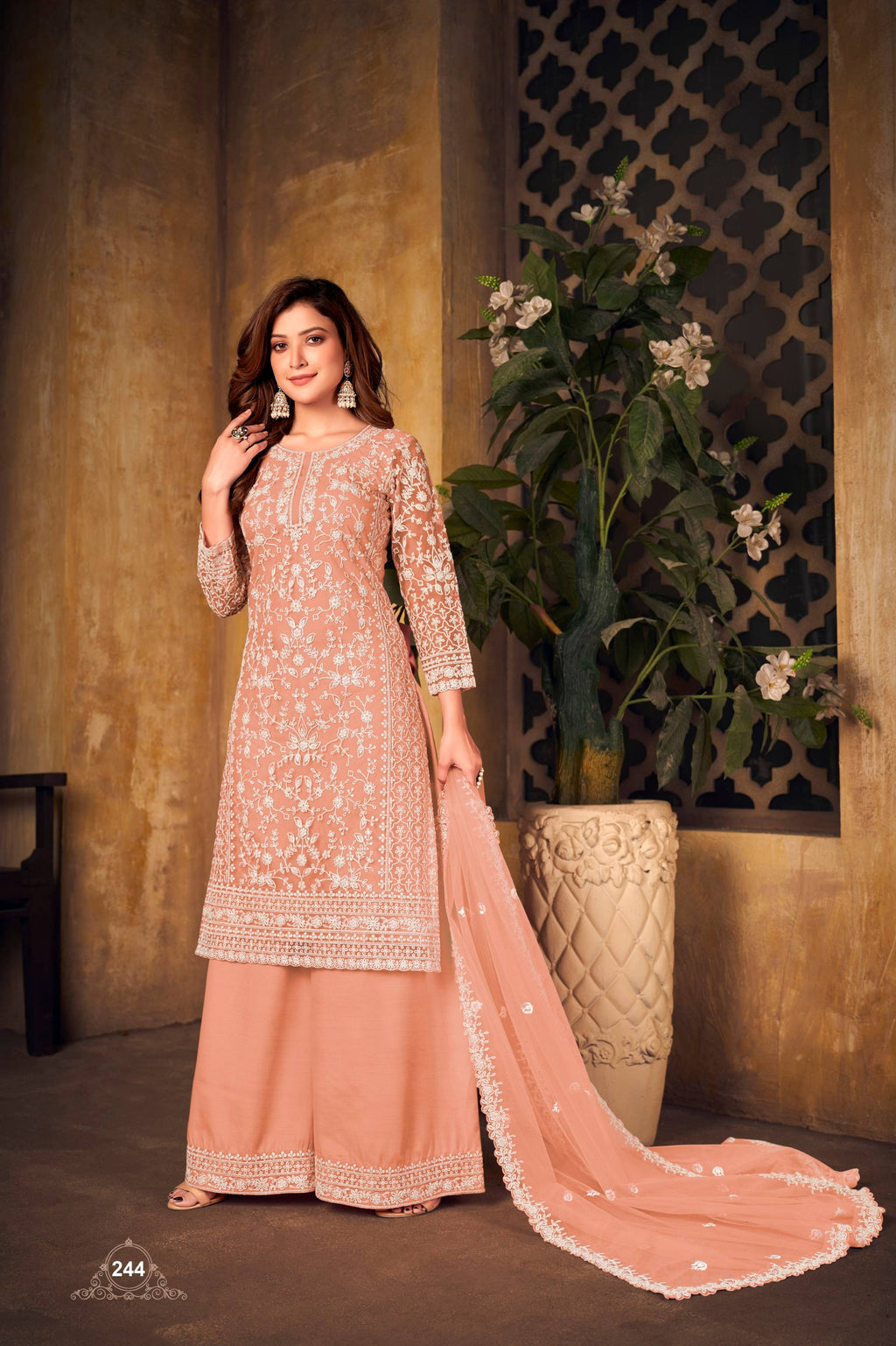 Anaita Orange Embroidered Net Plazzo Suit | Grocsy