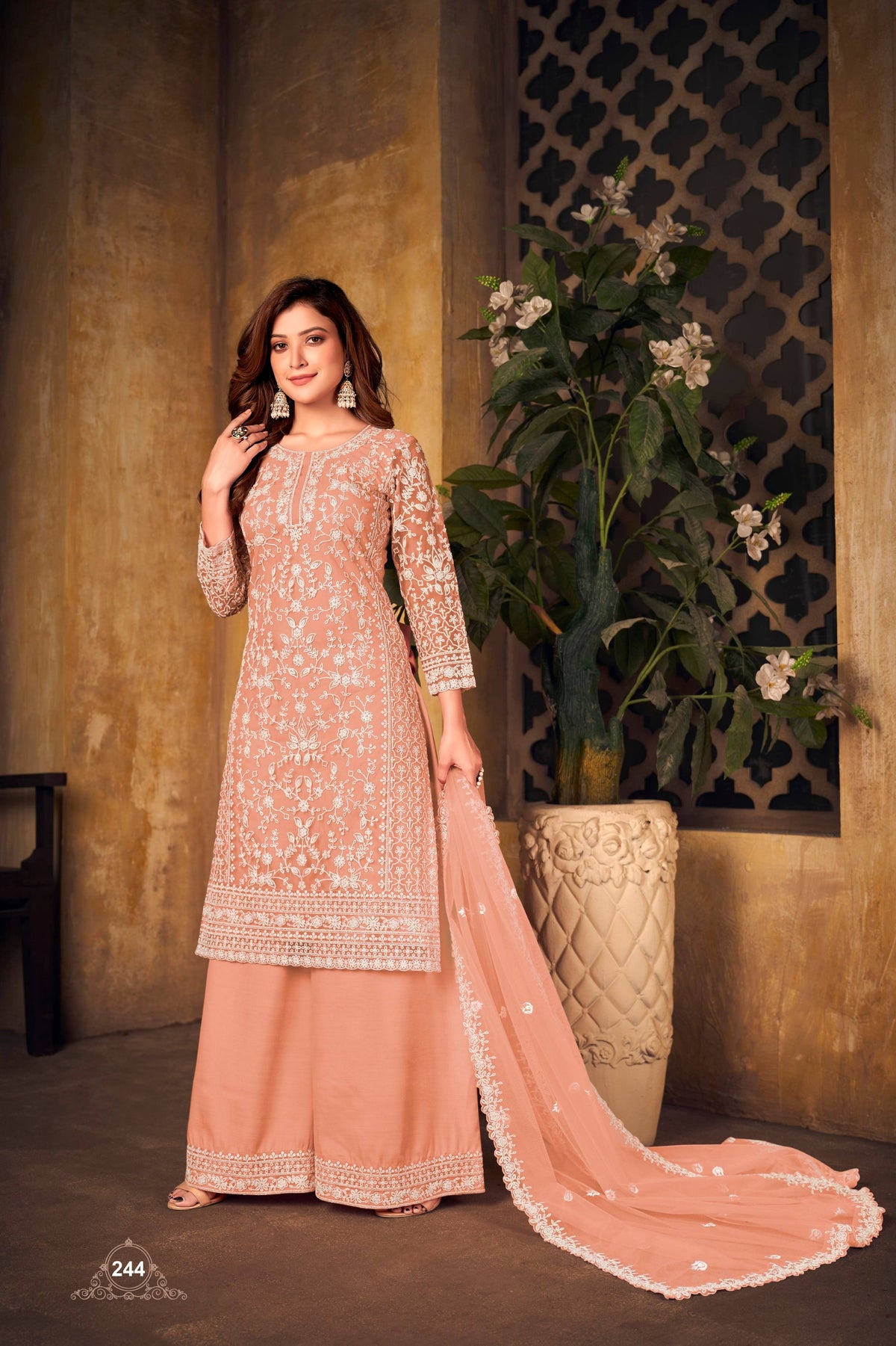 Anaita Orange Embroidered Net Plazzo Suit | Grocsy