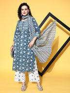 All About You Blue Floral Printed Gotta Patti Pure Cotton Kurta With Trousers & Dupatta | Grocsy