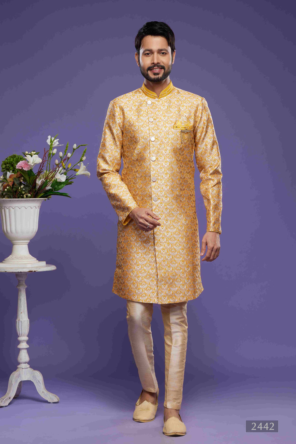 Raivat Ethnic Banarasi Jacquard Embroidery Semi Indo Western Sherwani In Yellow Colour | Grocsy