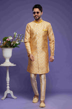 Raivat Ethnic Banarasi Jacquard Embroidery Semi Indo Western Sherwani In Yellow Colour | Grocsy