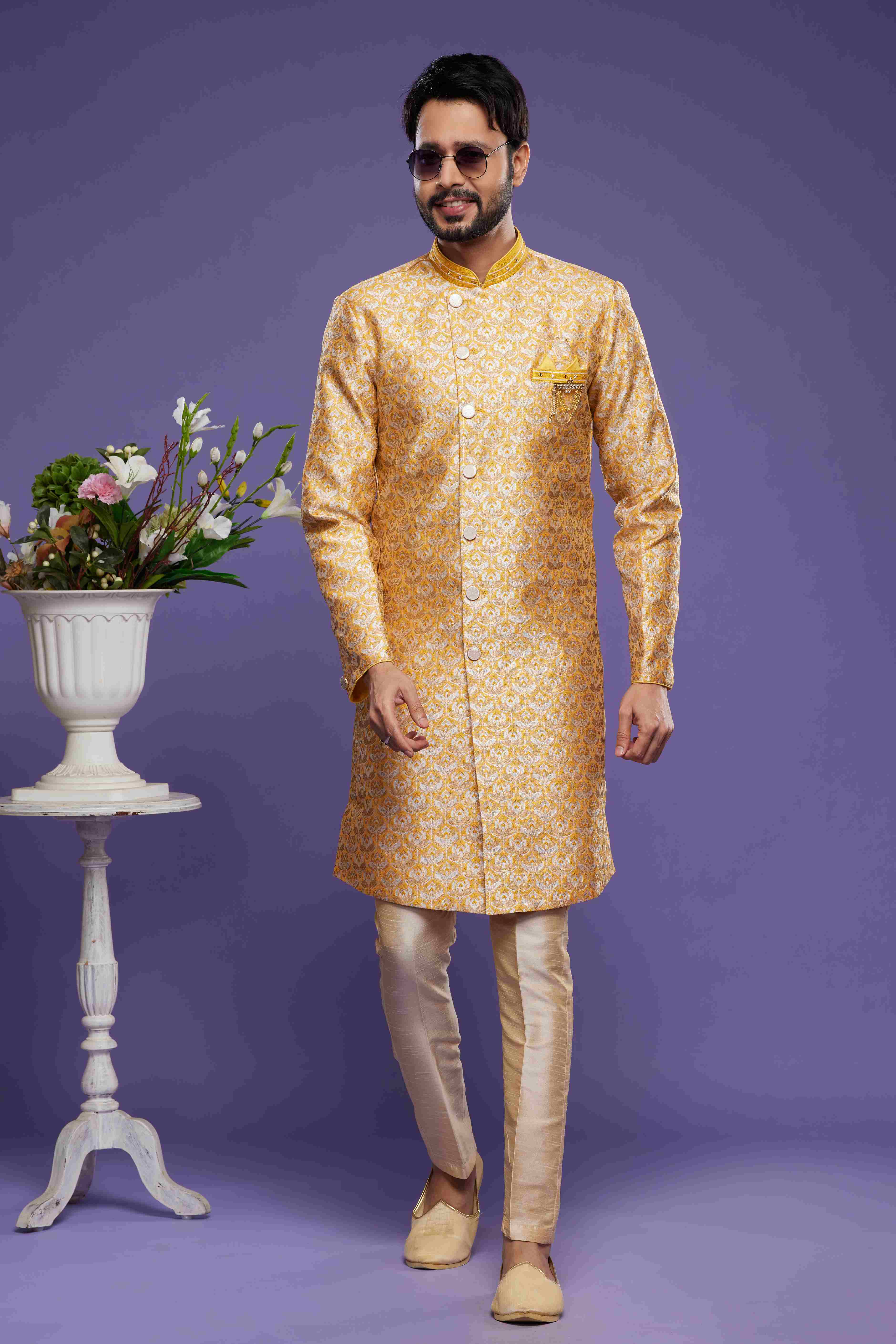 Raivat Ethnic Banarasi Jacquard Embroidery Semi Indo Western Sherwani In Yellow Colour | Grocsy