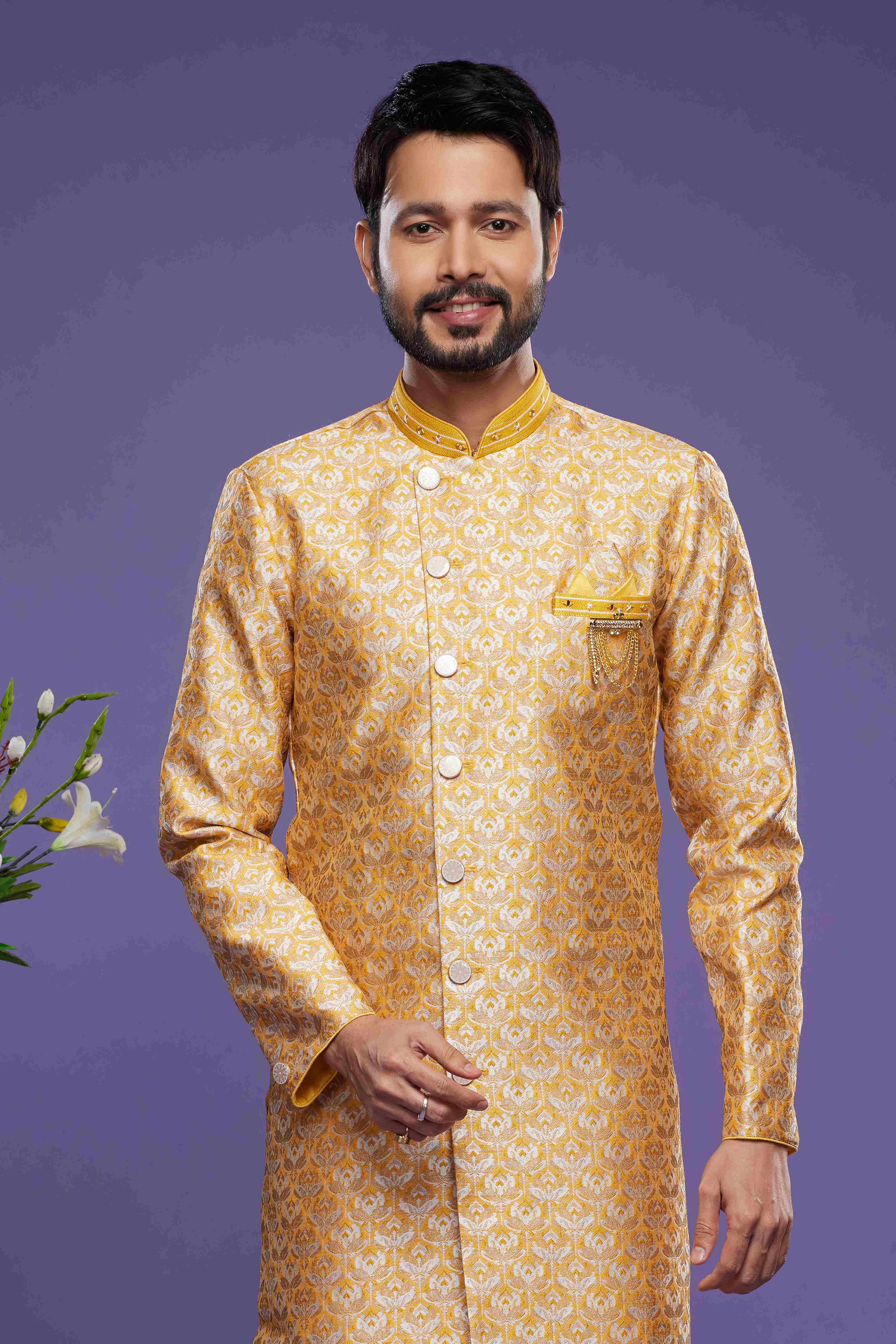 Raivat Ethnic Banarasi Jacquard Embroidery Semi Indo Western Sherwani In Yellow Colour | Grocsy