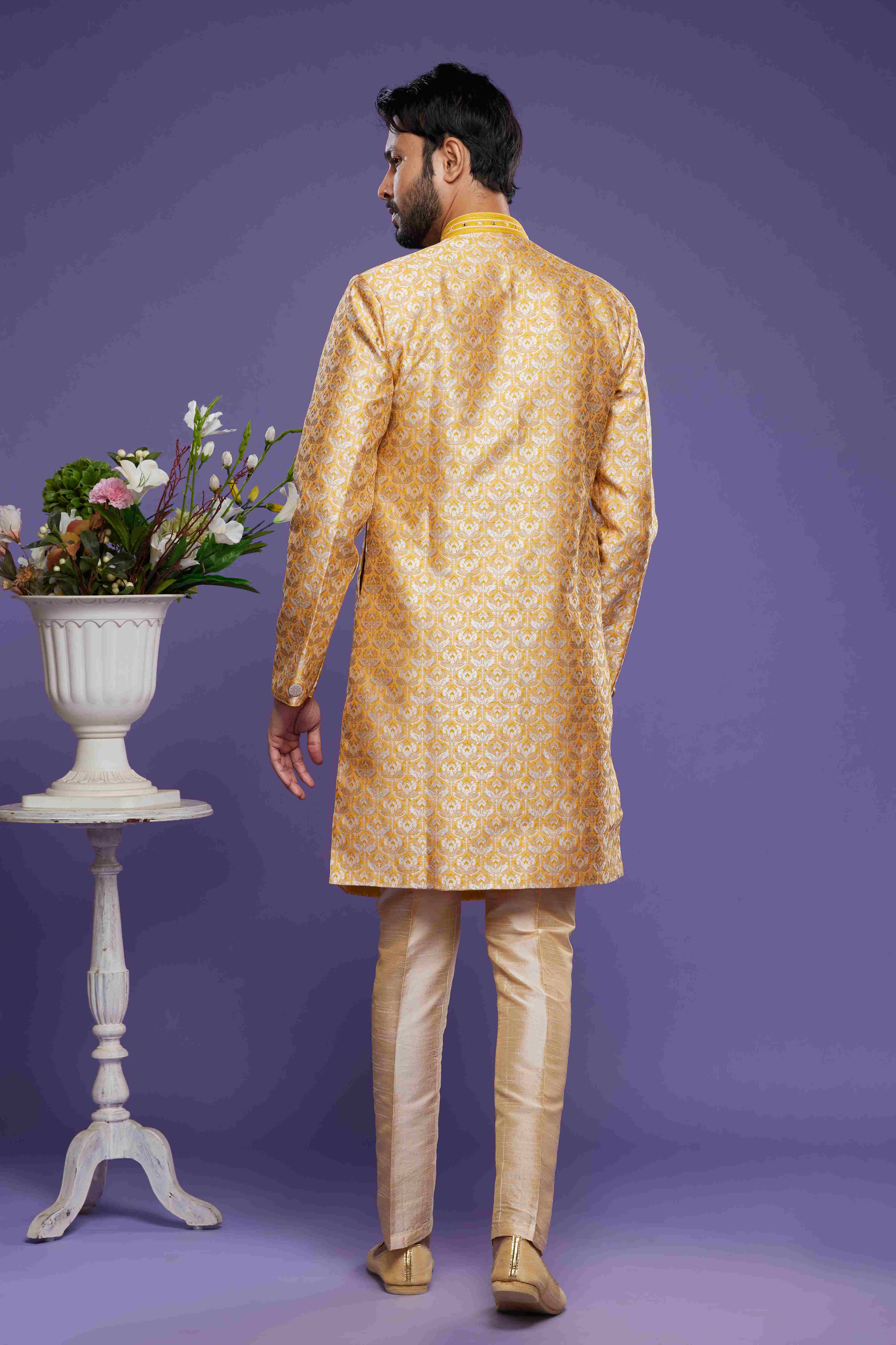Raivat Ethnic Banarasi Jacquard Embroidery Semi Indo Western Sherwani In Yellow Colour | Grocsy