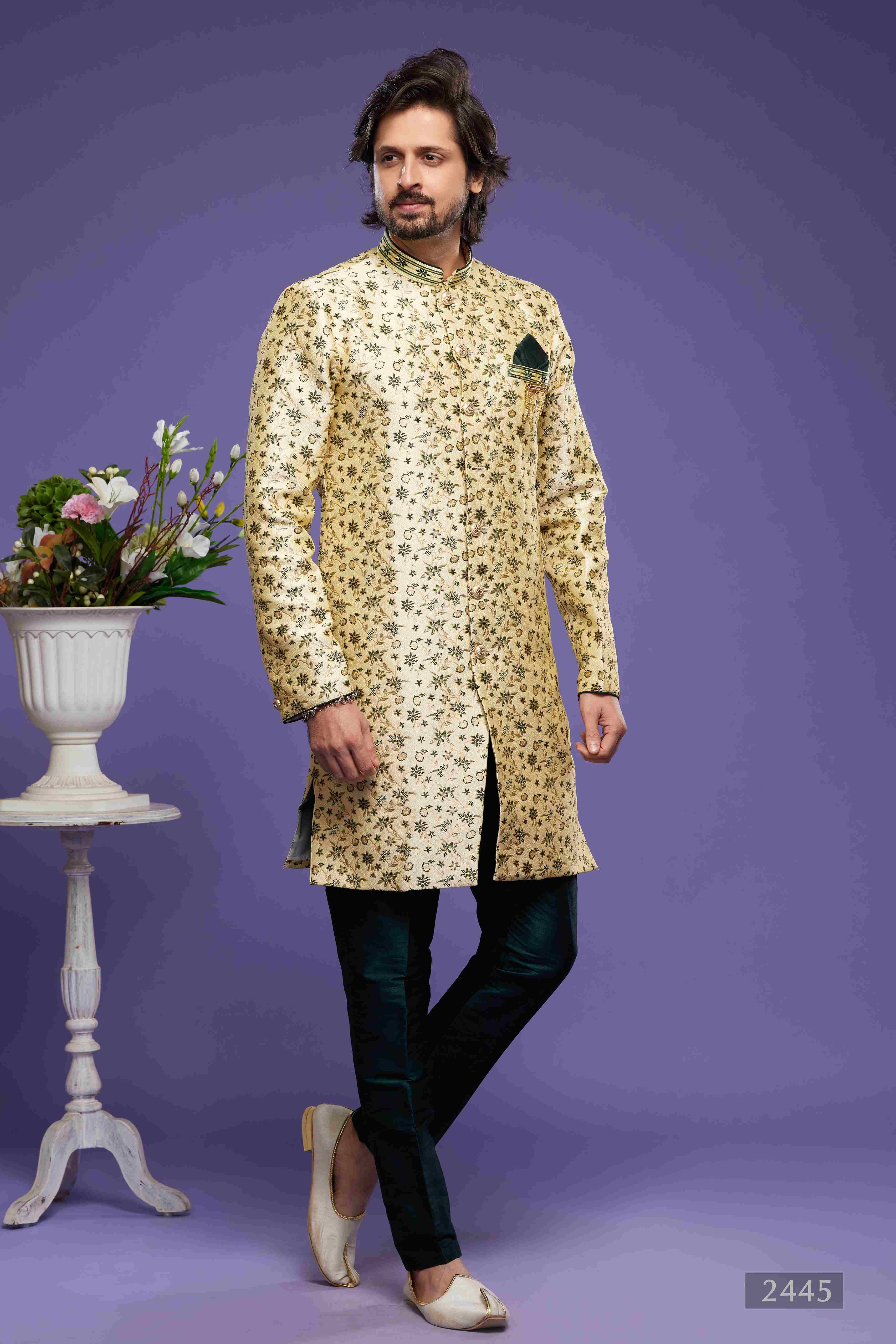 Raivat Ethnic Banarasi Jacquard Embroidery Semi Indo Western Sherwani In Gold Colour | Grocsy