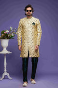 Raivat Ethnic Banarasi Jacquard Embroidery Semi Indo Western Sherwani In Gold Colour | Grocsy