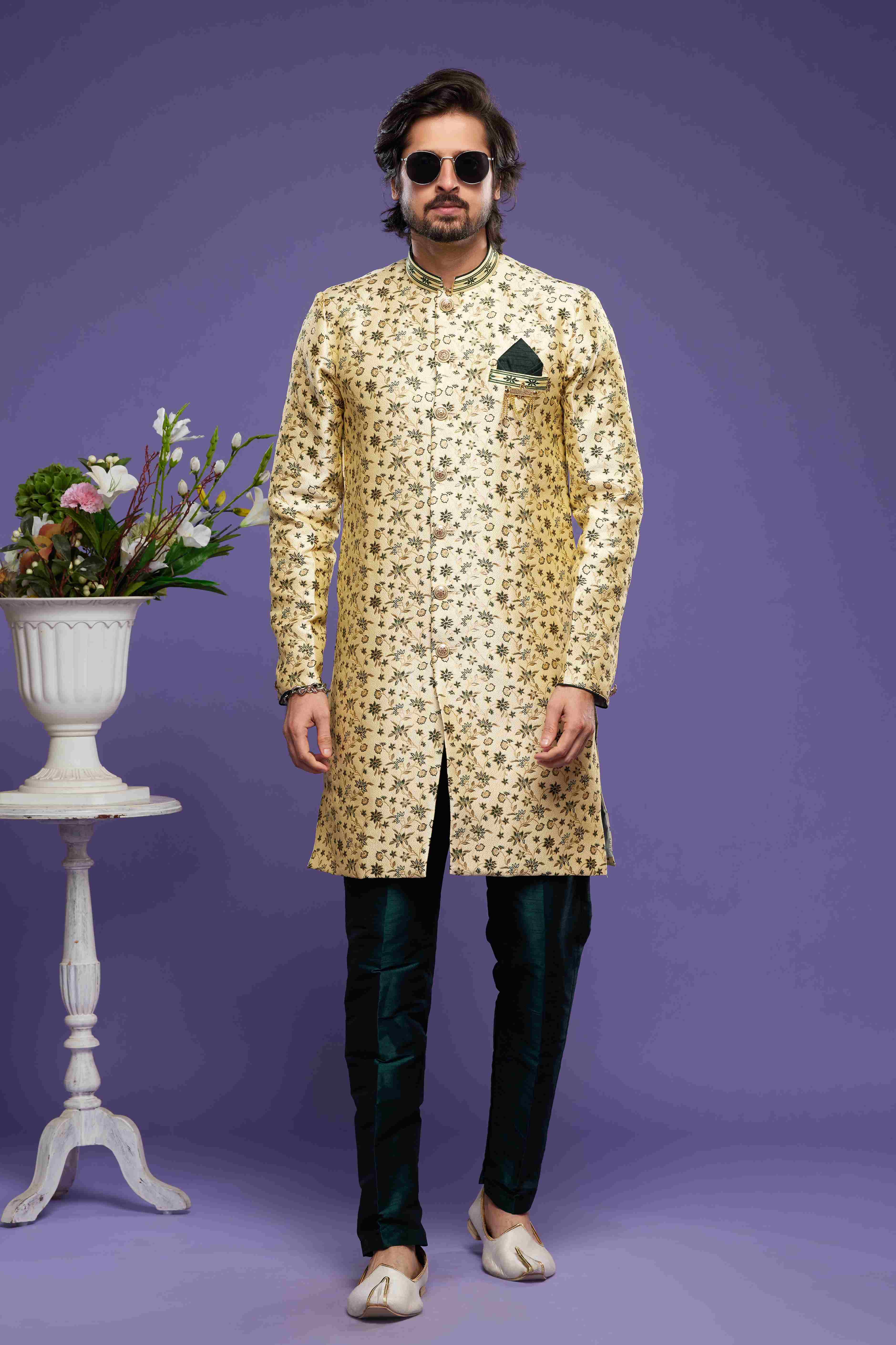 Raivat Ethnic Banarasi Jacquard Embroidery Semi Indo Western Sherwani In Gold Colour | Grocsy