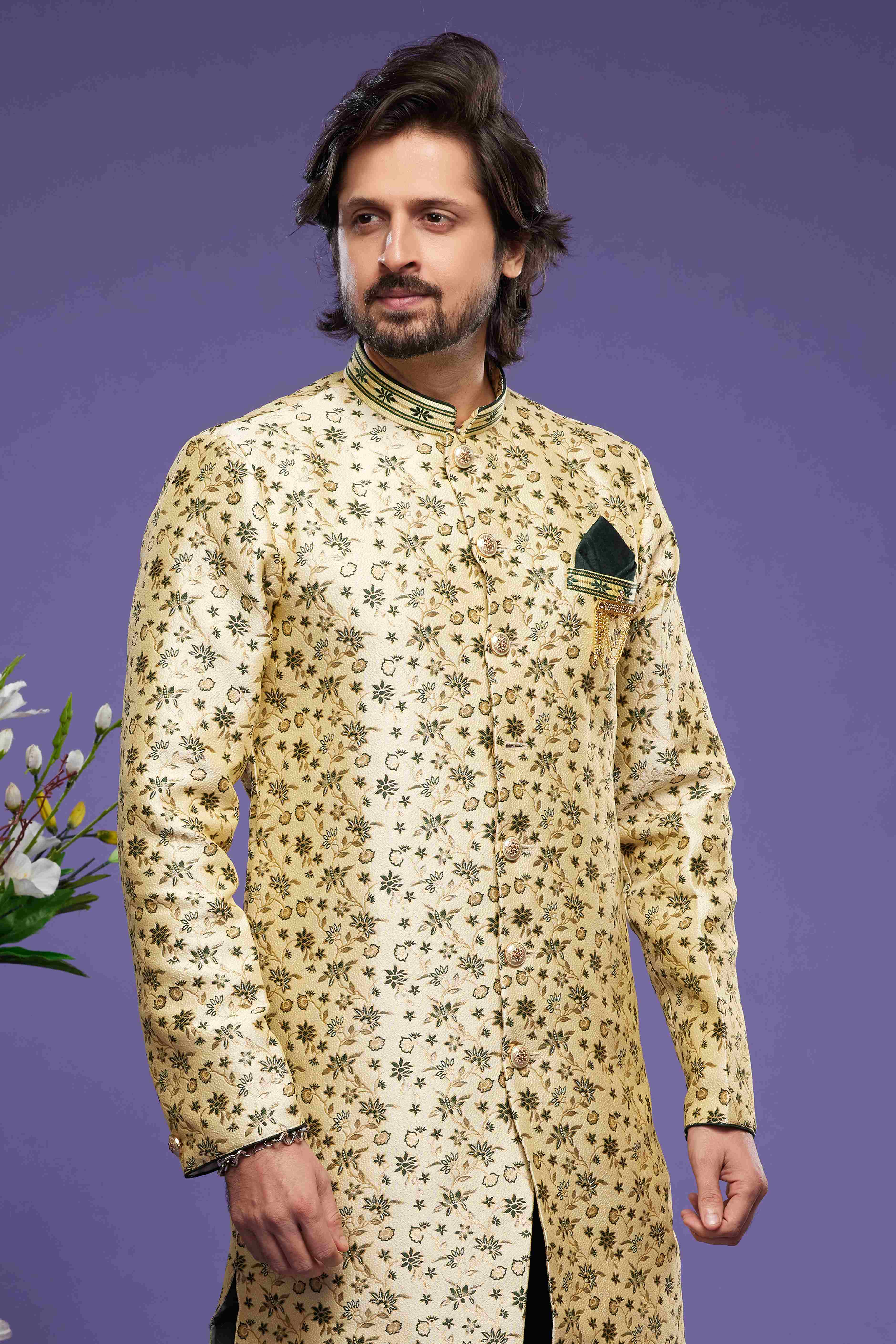 Raivat Ethnic Banarasi Jacquard Embroidery Semi Indo Western Sherwani In Gold Colour | Grocsy