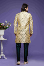 Raivat Ethnic Banarasi Jacquard Embroidery Semi Indo Western Sherwani In Gold Colour | Grocsy