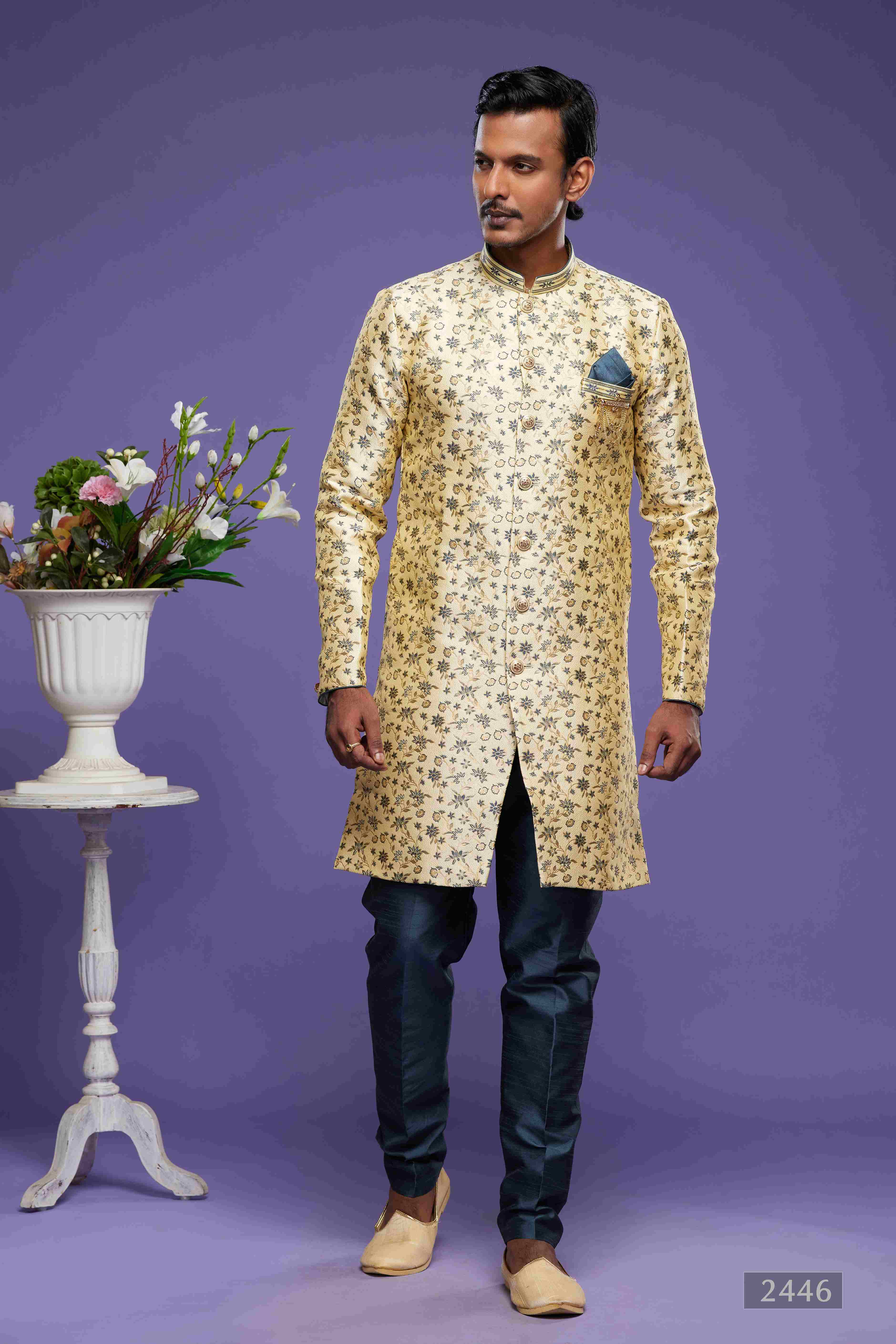 Raivat Ethnic Banarasi Jacquard Embroidery Semi Indo Western Sherwani In Gold Colour | Grocsy