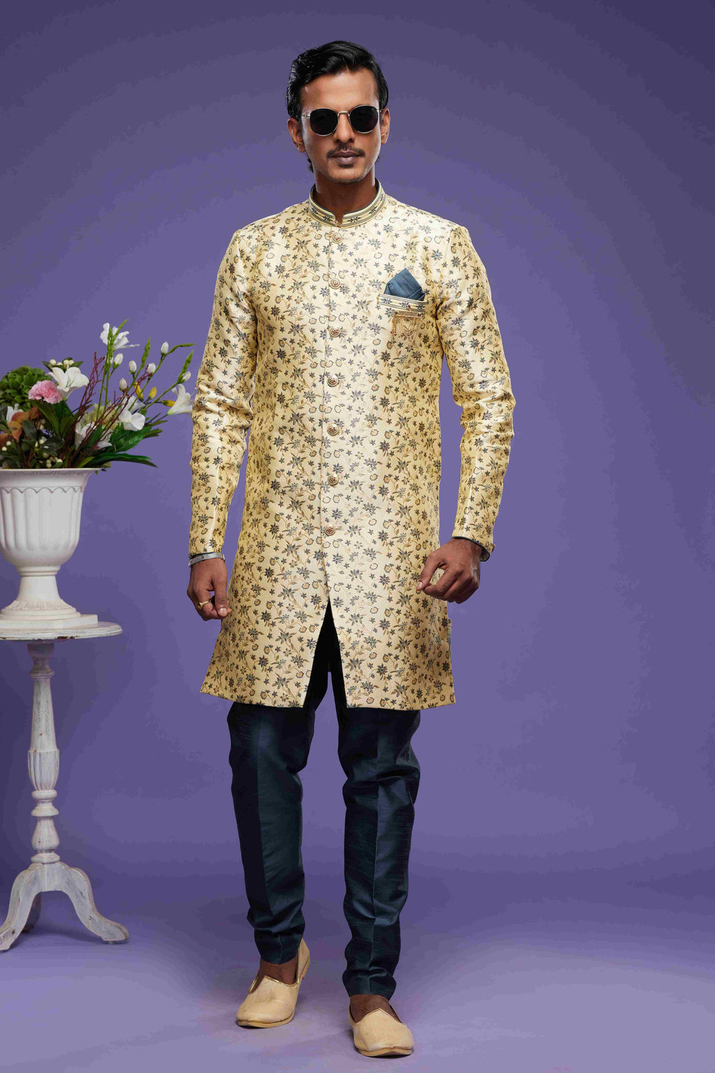 Raivat Ethnic Banarasi Jacquard Embroidery Semi Indo Western Sherwani In Gold Colour | Grocsy