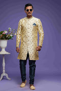 Raivat Ethnic Banarasi Jacquard Embroidery Semi Indo Western Sherwani In Gold Colour | Grocsy