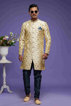 Raivat Ethnic Banarasi Jacquard Embroidery Semi Indo Western Sherwani In Gold Colour | Grocsy