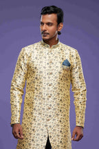 Raivat Ethnic Banarasi Jacquard Embroidery Semi Indo Western Sherwani In Gold Colour | Grocsy