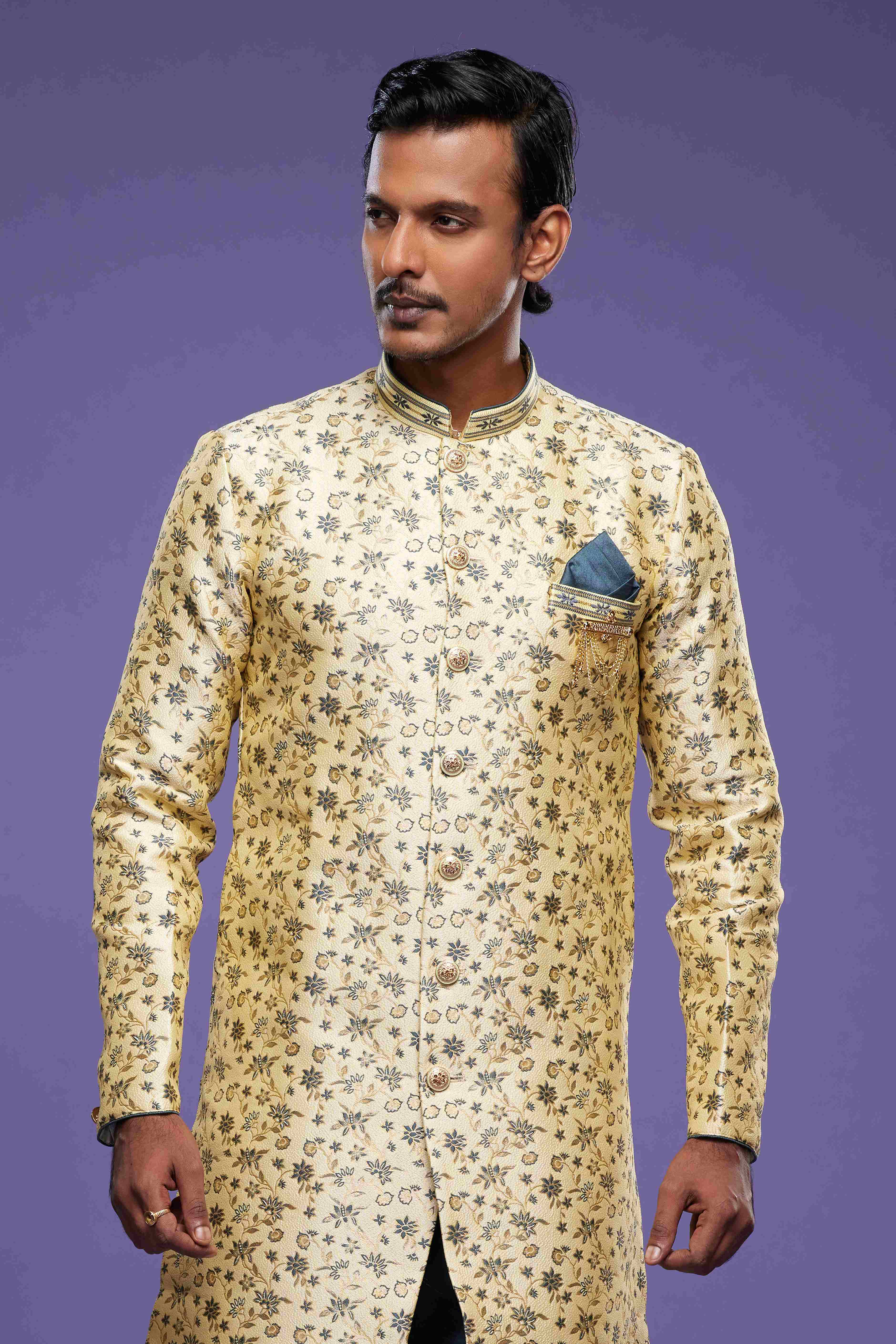 Raivat Ethnic Banarasi Jacquard Embroidery Semi Indo Western Sherwani In Gold Colour | Grocsy