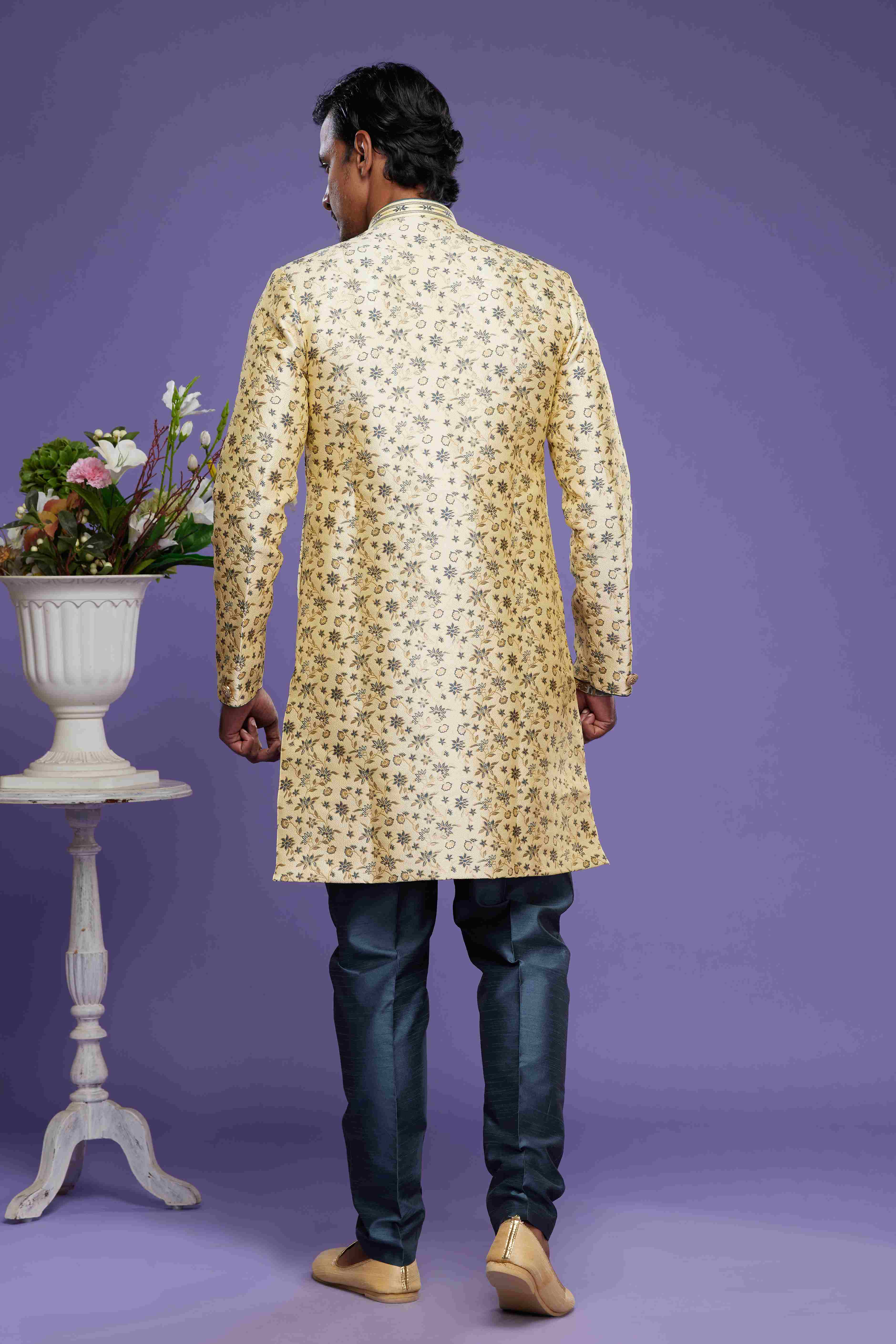 Raivat Ethnic Banarasi Jacquard Embroidery Semi Indo Western Sherwani In Gold Colour | Grocsy