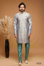 Raivat Ethnic Banarasi Jacquard Embroidery Semi Indo Western Sherwani In Grey Colour | Grocsy