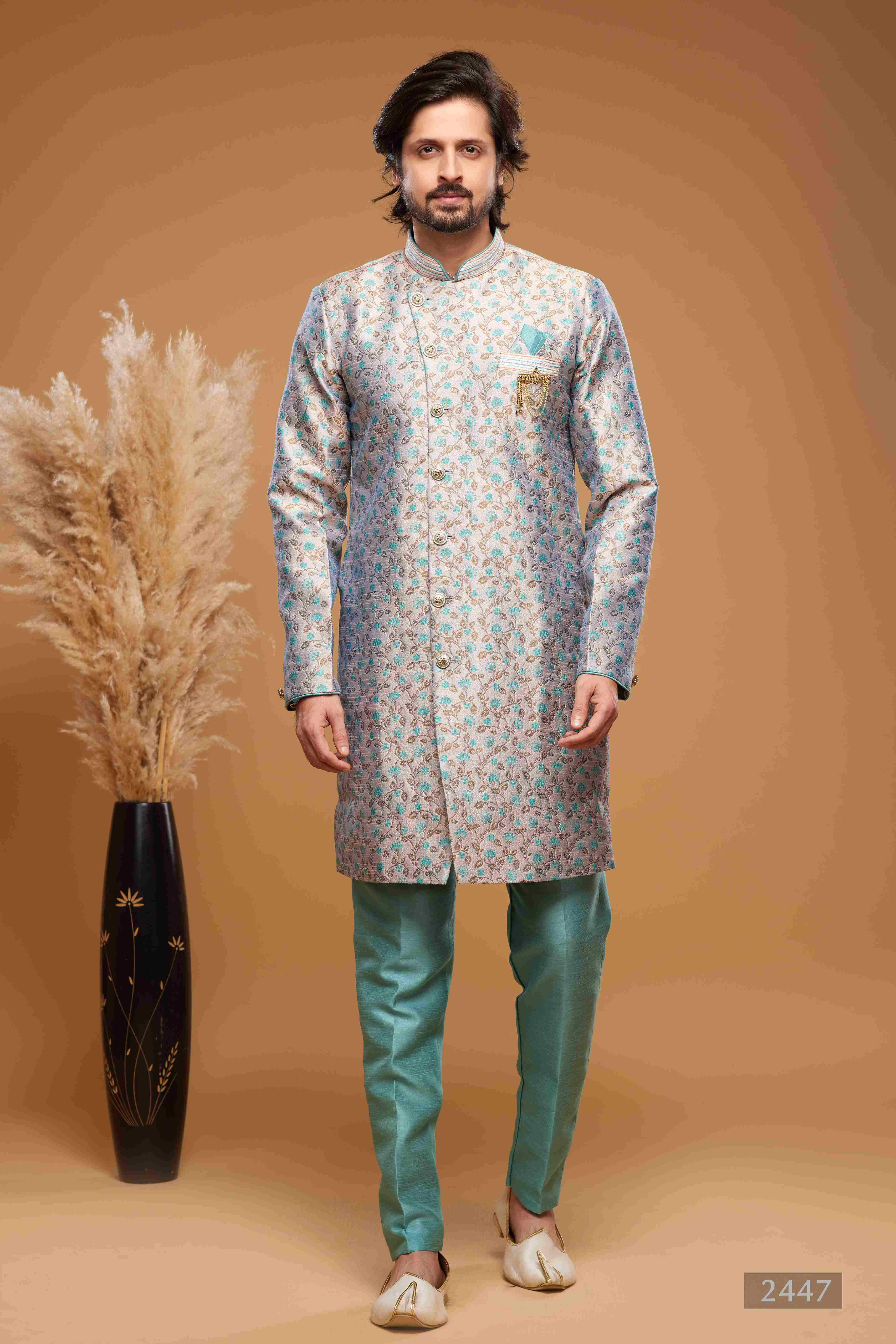 Raivat Ethnic Banarasi Jacquard Embroidery Semi Indo Western Sherwani In Grey Colour | Grocsy