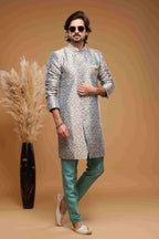 Raivat Ethnic Banarasi Jacquard Embroidery Semi Indo Western Sherwani In Grey Colour | Grocsy
