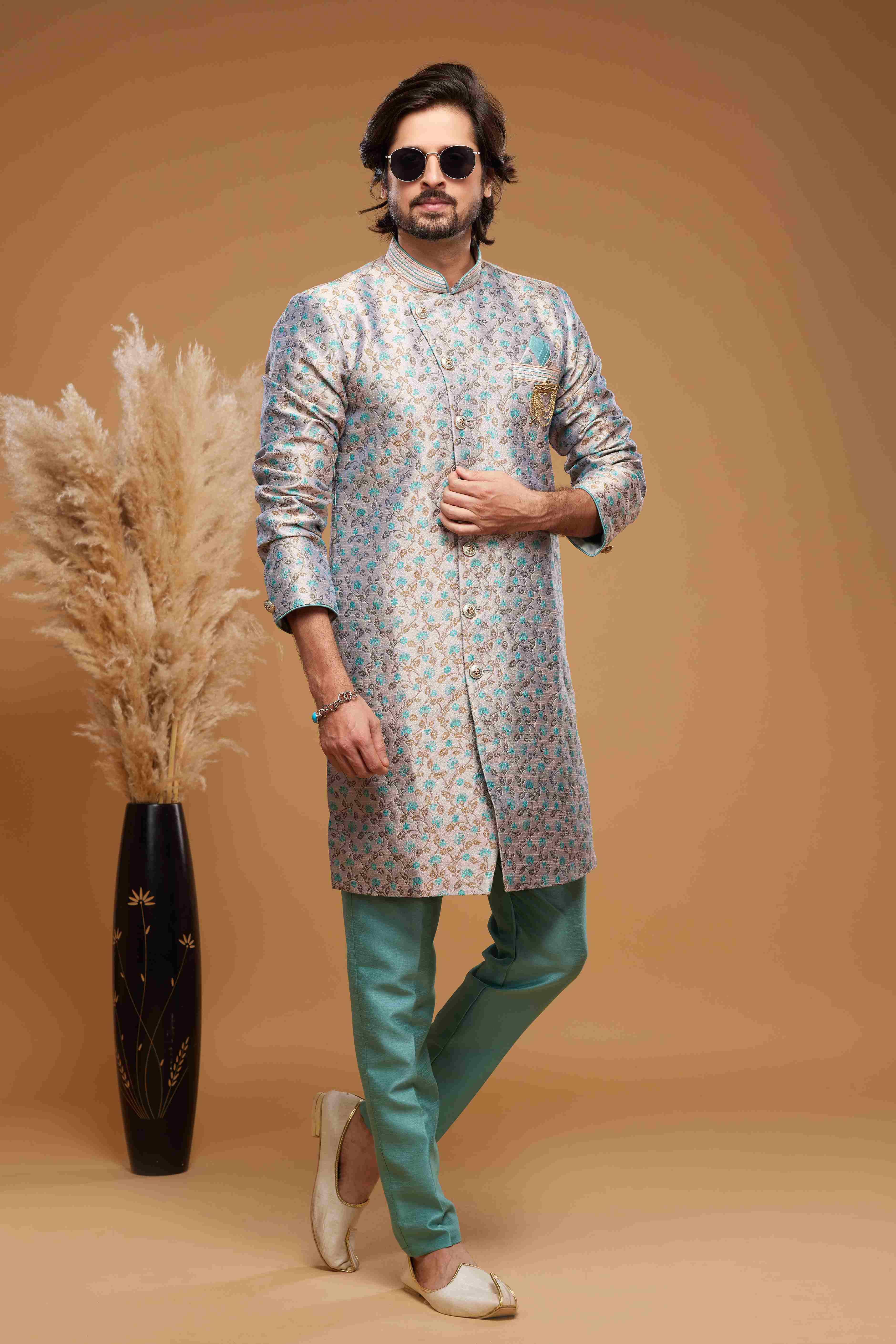 Raivat Ethnic Banarasi Jacquard Embroidery Semi Indo Western Sherwani In Grey Colour | Grocsy