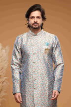 Raivat Ethnic Banarasi Jacquard Embroidery Semi Indo Western Sherwani In Grey Colour | Grocsy