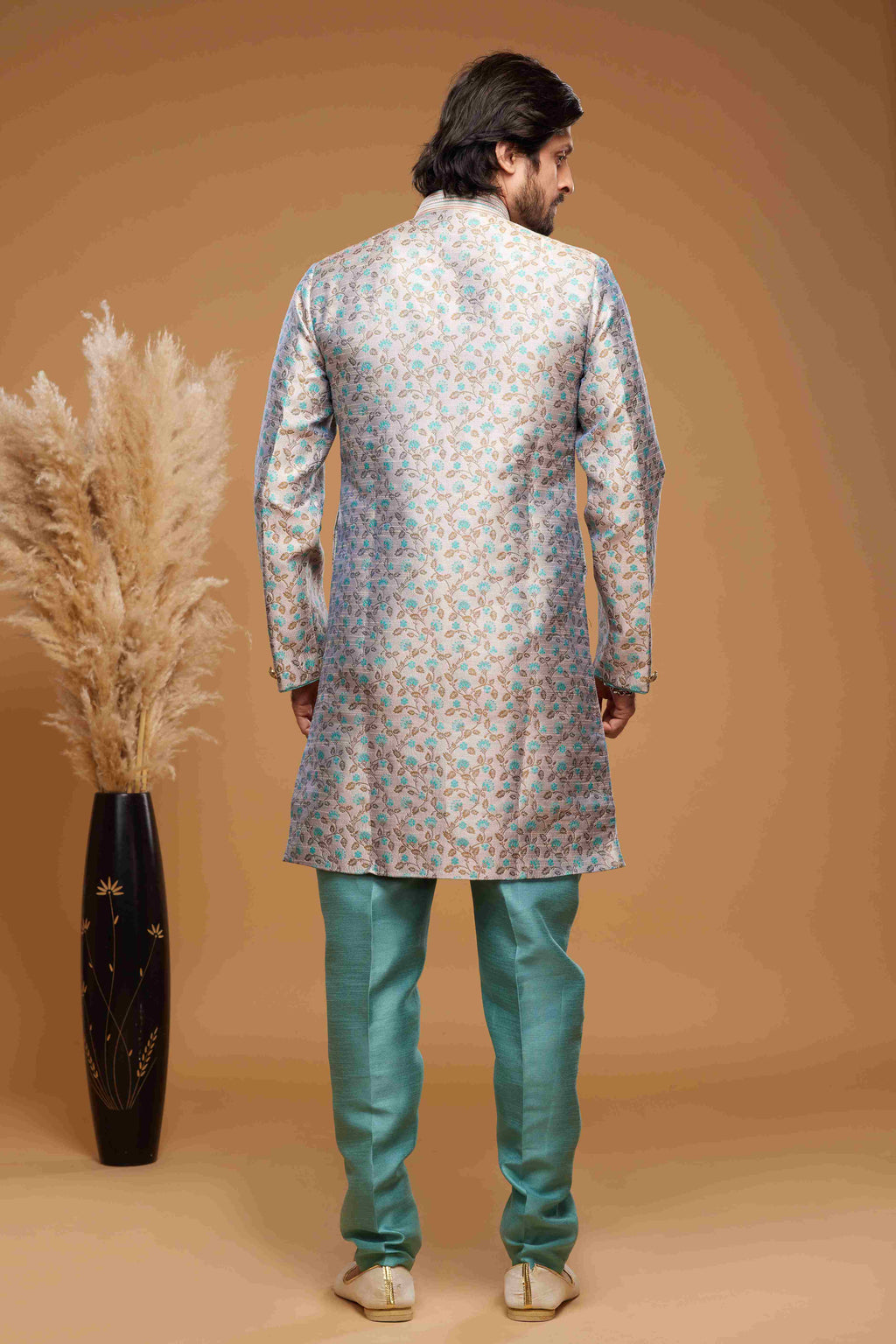 Raivat Ethnic Banarasi Jacquard Embroidery Semi Indo Western Sherwani In Grey Colour | Grocsy
