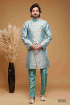Raivat Ethnic Banarasi Jacquard Embroidery Semi Indo Western Sherwani In Sky Blue Colour | Grocsy