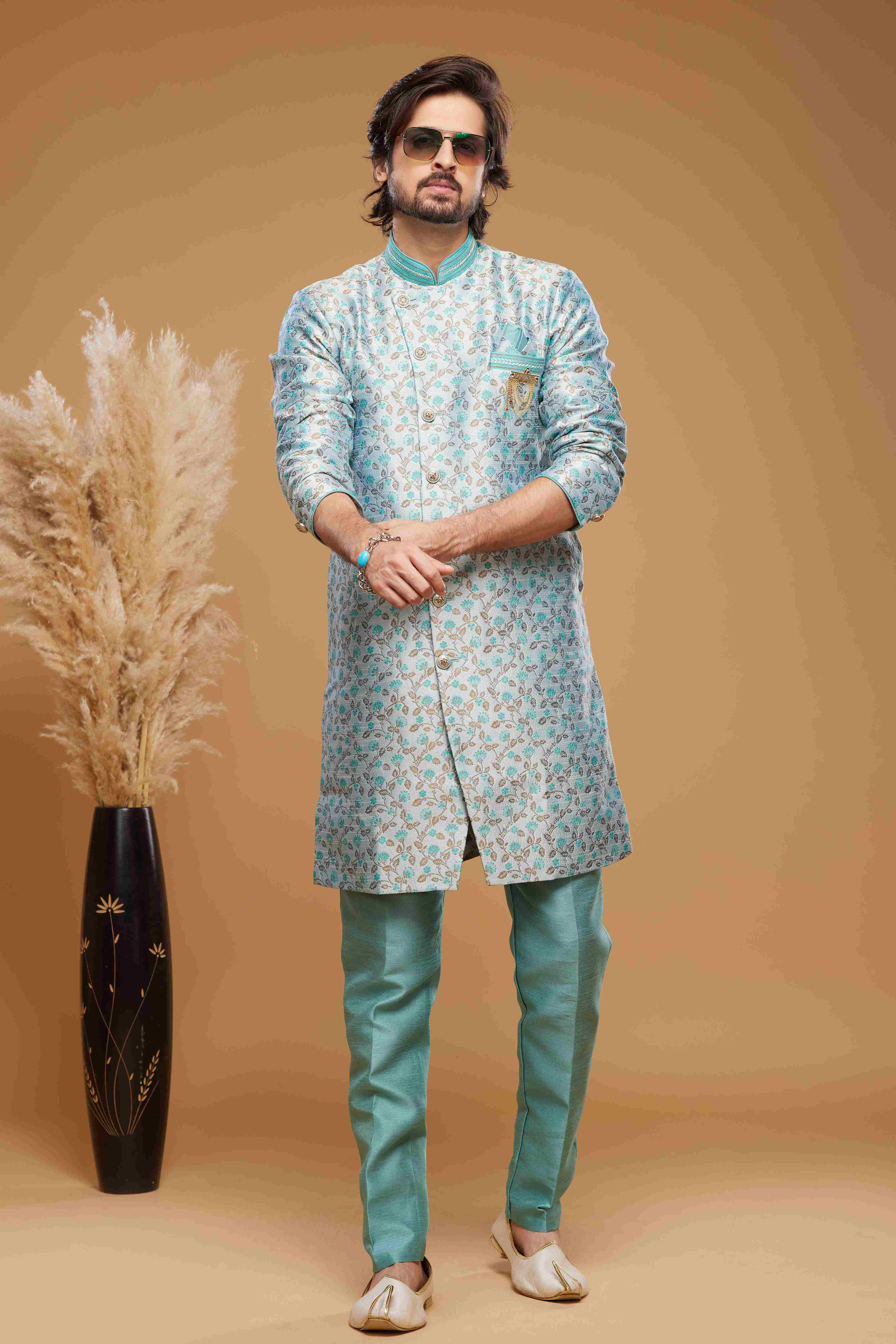 Raivat Ethnic Banarasi Jacquard Embroidery Semi Indo Western Sherwani In Sky Blue Colour | Grocsy