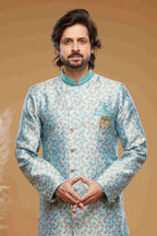 Raivat Ethnic Banarasi Jacquard Embroidery Semi Indo Western Sherwani In Sky Blue Colour | Grocsy