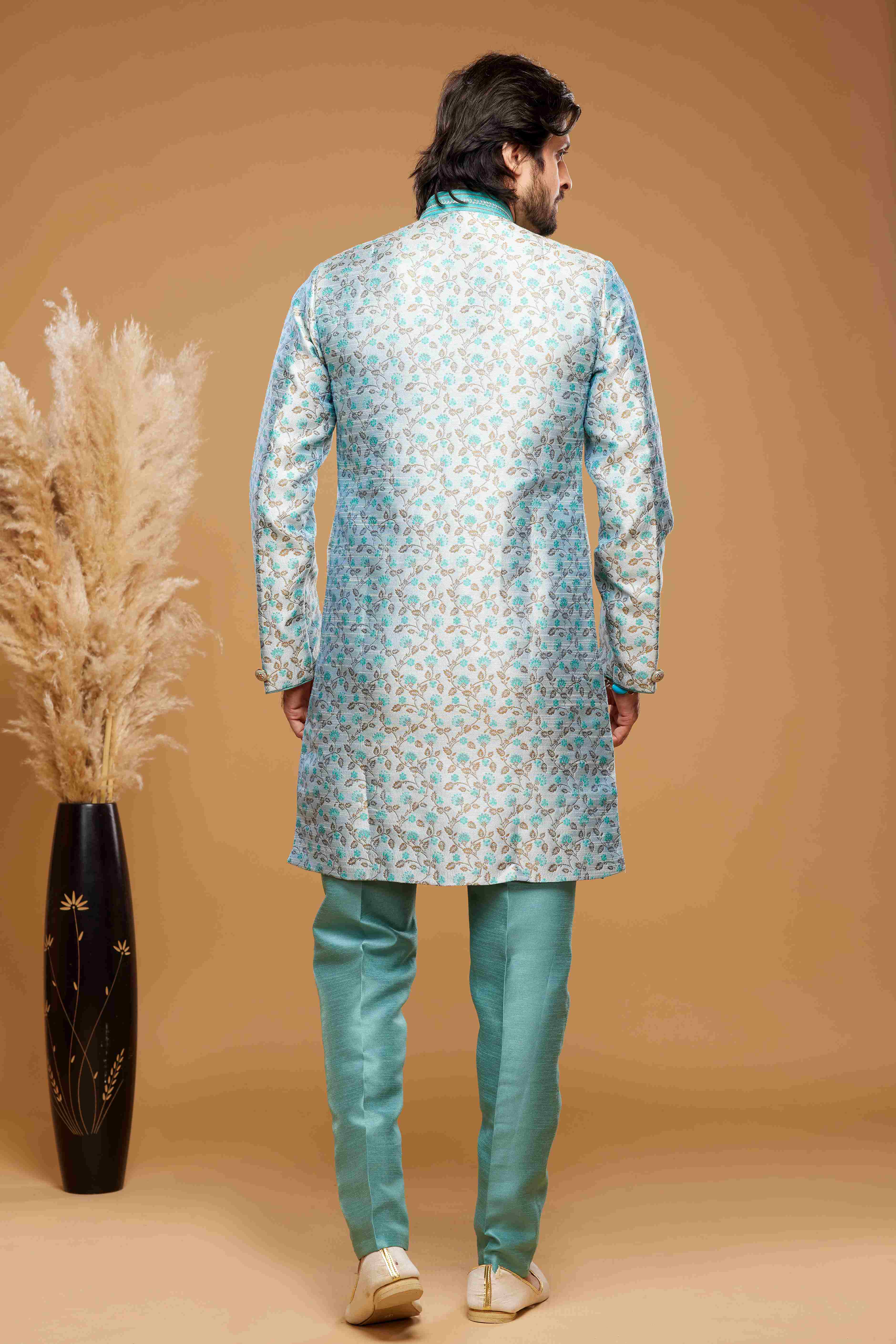 Raivat Ethnic Banarasi Jacquard Embroidery Semi Indo Western Sherwani In Sky Blue Colour | Grocsy