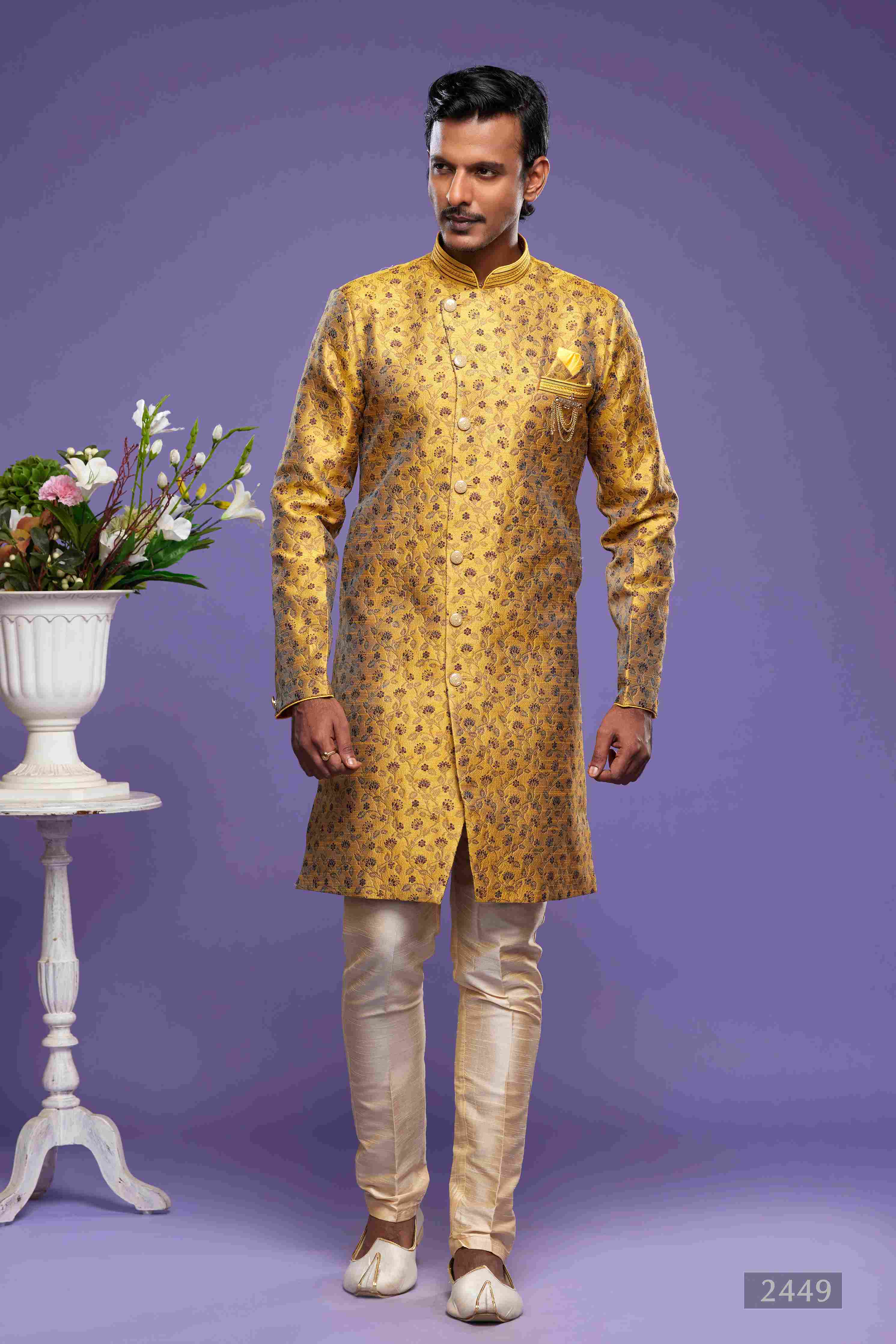 Raivat Ethnic Banarasi Jacquard Embroidery Semi Indo Western Sherwani In Gold Colour | Grocsy