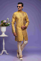 Raivat Ethnic Banarasi Jacquard Embroidery Semi Indo Western Sherwani In Gold Colour | Grocsy