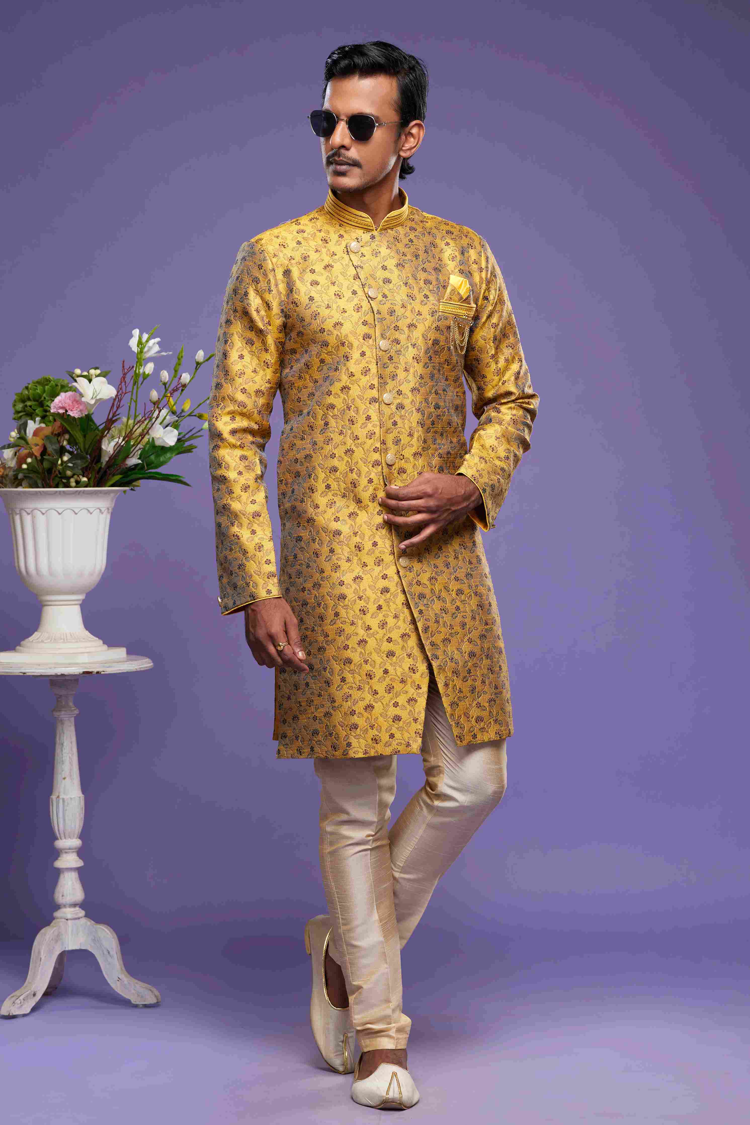 Raivat Ethnic Banarasi Jacquard Embroidery Semi Indo Western Sherwani In Gold Colour | Grocsy