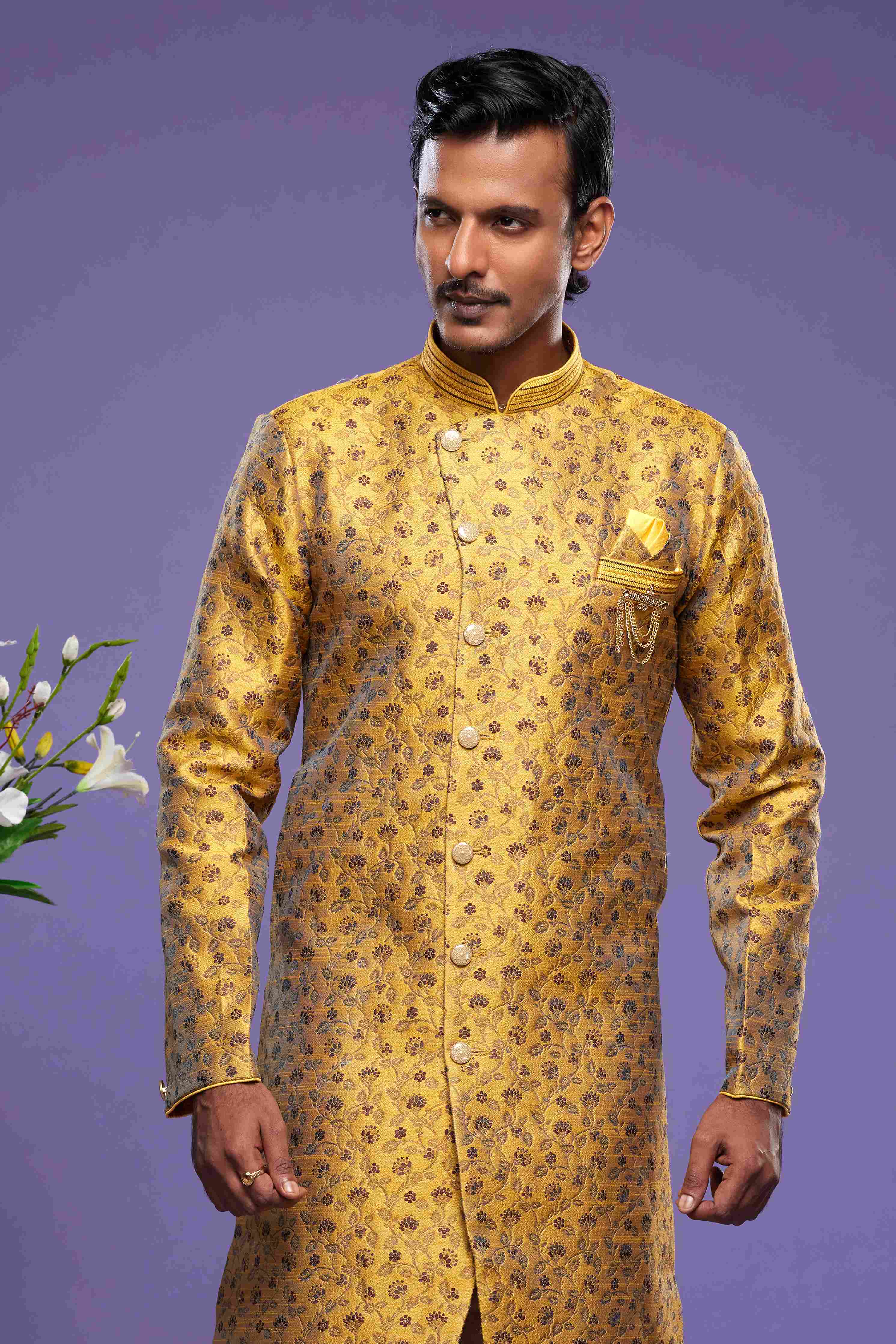 Raivat Ethnic Banarasi Jacquard Embroidery Semi Indo Western Sherwani In Gold Colour | Grocsy
