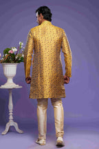 Raivat Ethnic Banarasi Jacquard Embroidery Semi Indo Western Sherwani In Gold Colour | Grocsy
