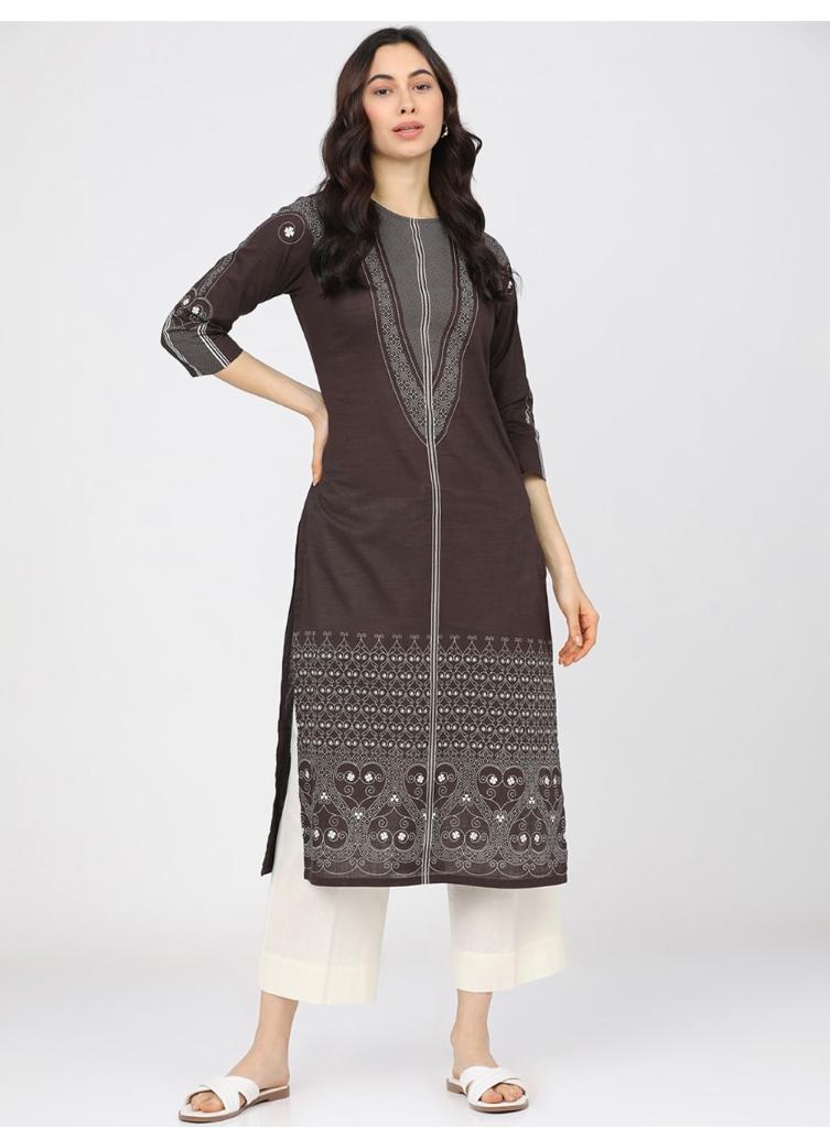 Maai Rayon Hand Printed Kurta Brown | Grocsy