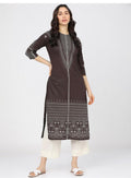 Maai Rayon Hand Printed Kurta Brown | Grocsy