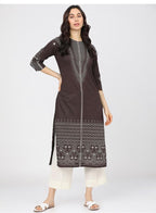 Maai Rayon Hand Printed Kurta Brown | Grocsy