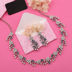 Tehzeeb Creations Silver Pleated White Diamond With Baby Blue Beads Necklace Set | Grocsy