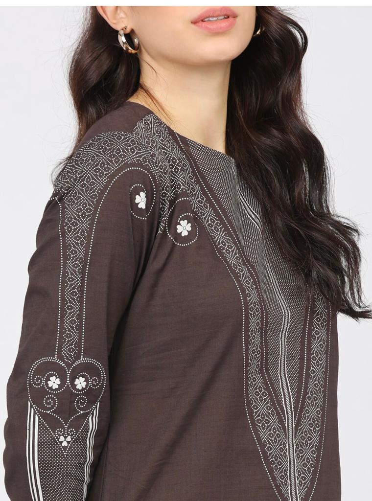 Maai Rayon Hand Printed Kurta Brown | Grocsy