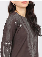 Maai Rayon Hand Printed Kurta Brown | Grocsy