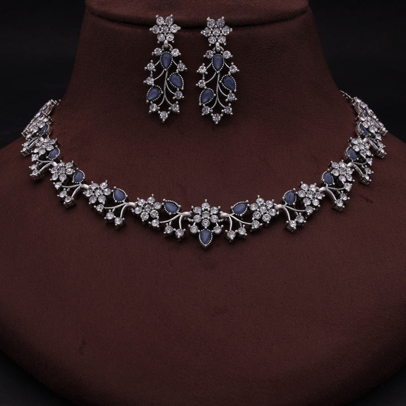 Tehzeeb Creations Silver Pleated White Diamond With Baby Blue Beads Necklace Set | Grocsy