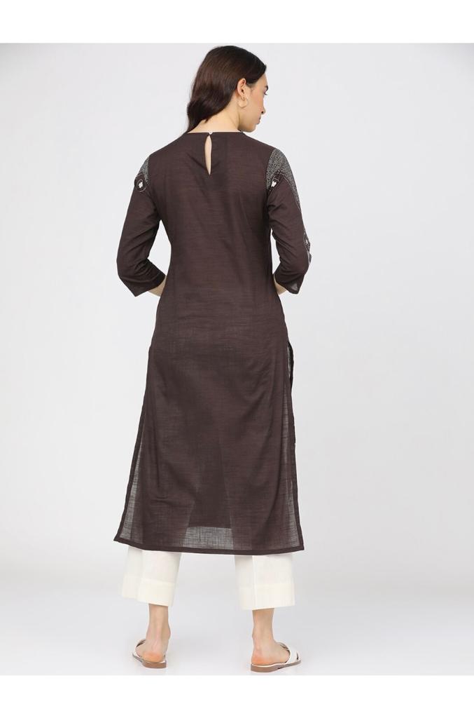 Maai Rayon Hand Printed Kurta Brown | Grocsy