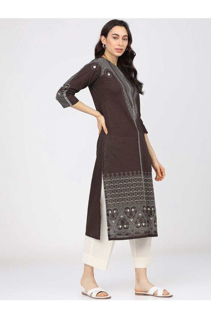 Maai Rayon Hand Printed Kurta Brown | Grocsy