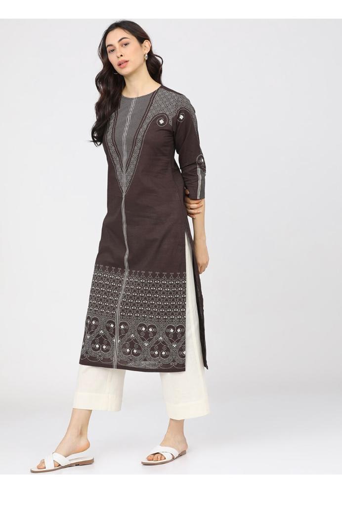 Maai Rayon Hand Printed Kurta Brown | Grocsy
