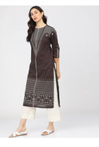 Maai Rayon Hand Printed Kurta Brown | Grocsy